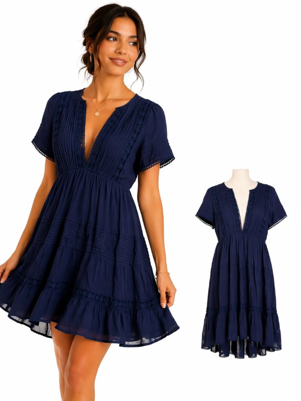 Altar’d State Quinney‎ Navy Blue Boho Mini Dress Small Lace Trim Tiered V Neck
